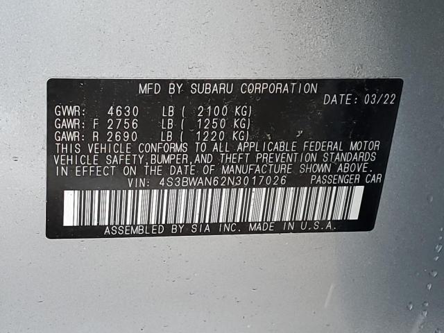 4S3BWAN62N3017026 - 2022 SUBARU LEGACY LIMITED SILVER photo 12