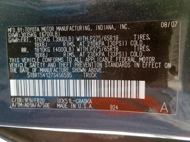 5TBRT54127S456595 - 2007 TOYOTA TUNDRA DOUBLE CAB SR5  photo 10