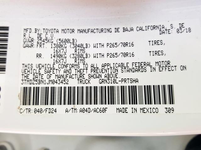 3TMDZ5BN1JM043452 - 2018 TOYOTA TACOMA DOUBLE CAB  照片 10