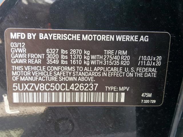 5UXZV8C50CL426237 - 2012 BMW X5 XDRIVE50I  photo 10