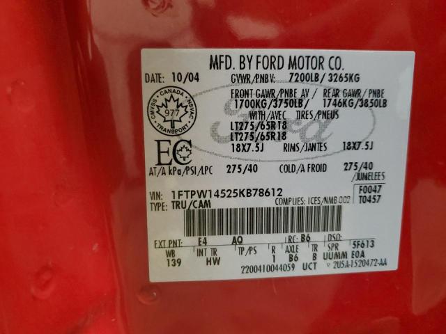 1FTPW14525KB78612 - 2005 FORD F150 SUPERCREW RED photo 12