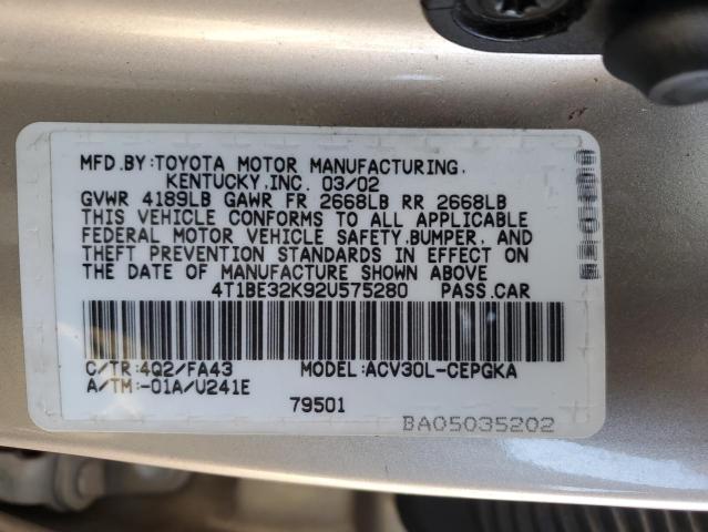 4T1BE32K92U575280 - 2002 TOYOTA CAMRY LE TAN photo 12