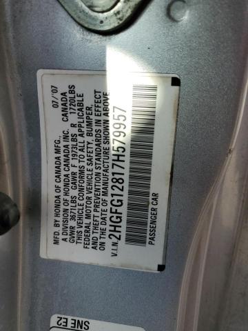 2HGFG12817H579957 - 2007 HONDA CIVIC EX SILVER photo 12