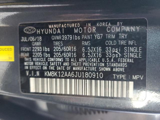 KM8K12AA6JU180910 - 2018 HYUNDAI KONA SE GRAY photo 12