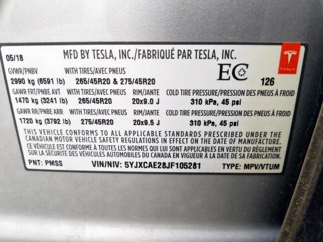 5YJXCAE28JF105281 - 2018 TESLA MODEL X  photo 10