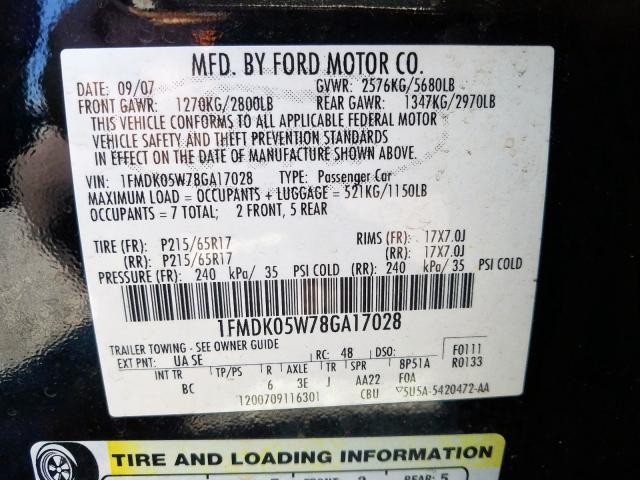 1FMDK05W78GA17028 - 2008 FORD TAURUS X SEL  photo 10