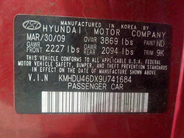 KMHDU46DX9U741684 - 2009 HYUNDAI ELANTRA GLS  photo 10