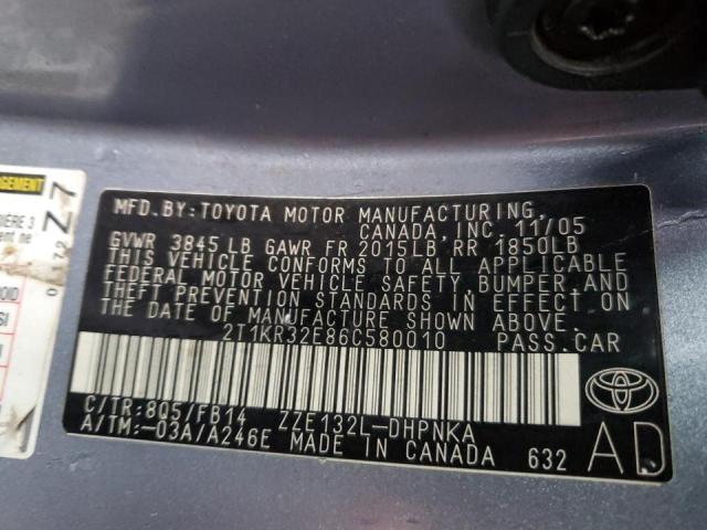 2T1KR32E86C580010 - 2006 TOYOTA COROLLA MA XR TURQUOISE photo 12