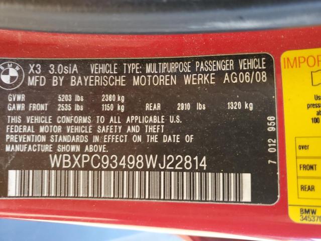 WBXPC93498WJ22814 - 2008 BMW X3 3.0SI RED photo 12