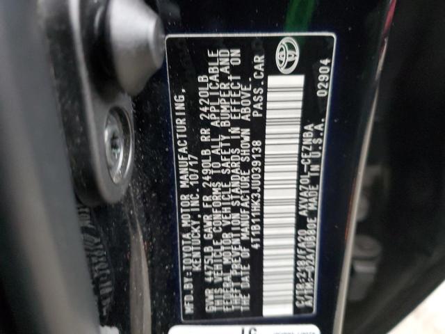 4T1B11HK3JU039138 - 2018 TOYOTA CAMRY L BLACK photo 12