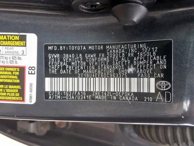 2T1BU4EE6DC963375 - 2013 TOYOTA COROLLA BASE  照片 10