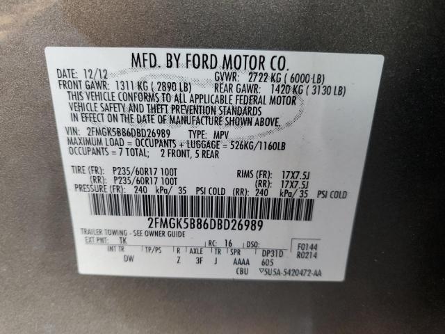 2FMGK5B86DBD26989 - 2013 FORD FLEX SE GRAY photo 13