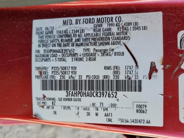 3FAHP0HA0CR397652 - 2012 FORD FUSION SE RED photo 13