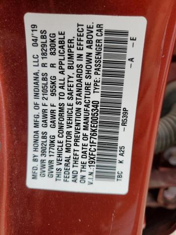 19XFC1F76KE005340 - 2019 HONDA CIVIC EXL წითელი ფოტო 12