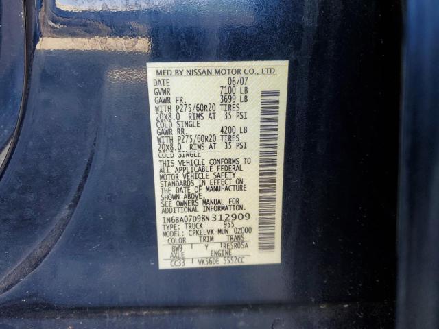 1N6BA07D98N312909 - 2008 NISSAN TITAN XE BLUE photo 12