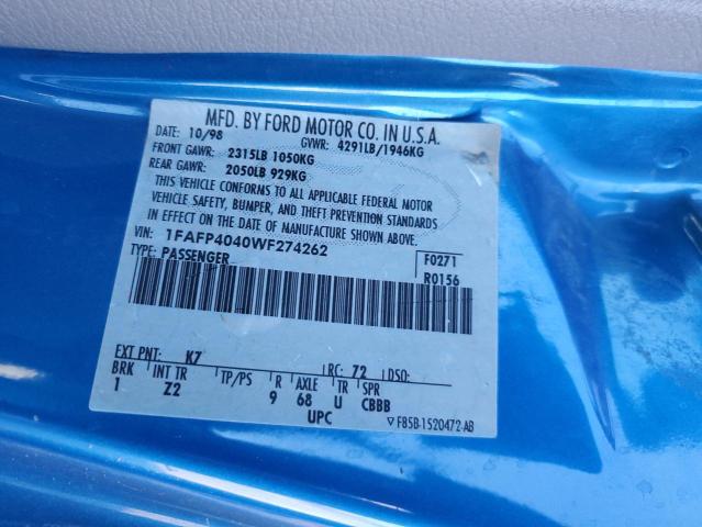 1FAFP4040WF274262 - 1998 FORD MUSTANG BLUE photo 12