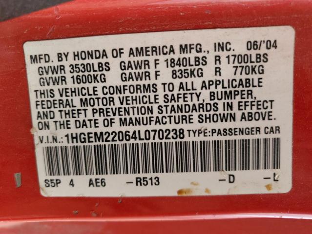 1HGEM22064L070238 - 2004 HONDA CIVIC EX RED photo 12