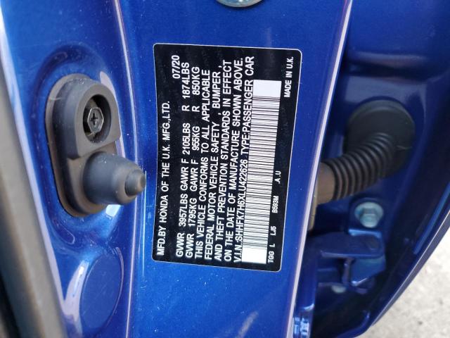 SHHFK7H6XLU422626 - 2020 HONDA CIVIC EX BLUE photo 12