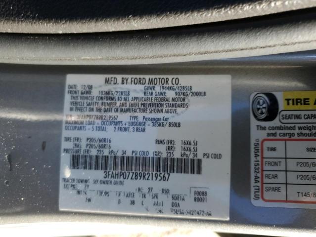 3FAHP07Z89R219567 - 2009 FORD FUSION SE SILVER photo 12