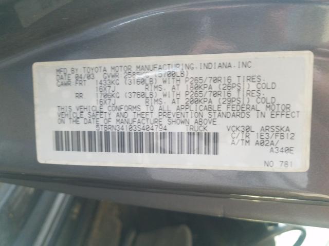 5TBRN34103S404794 - 2003 TOYOTA TUNDRA ACCESS CAB SR5  photo 10