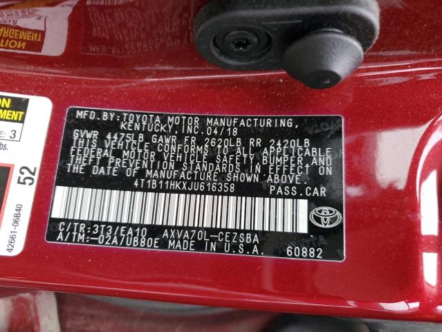 4T1B11HKXJU616358 - 2018 TOYOTA CAMRY L RED photo 12