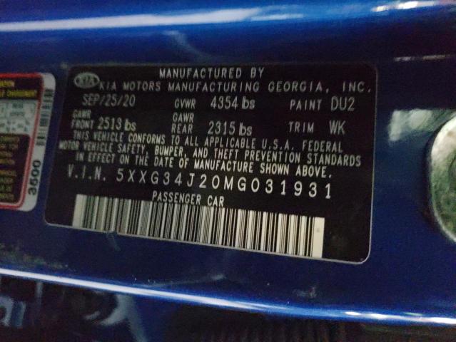 5XXG34J20MG031931 - 2021 KIA K5 EX BLUE photo 12