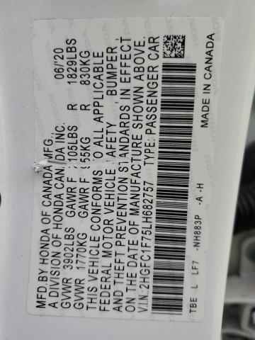 2HGFC1F75LH682757 - 2020 HONDA CIVIC EXL თეთრი ფოტო 12