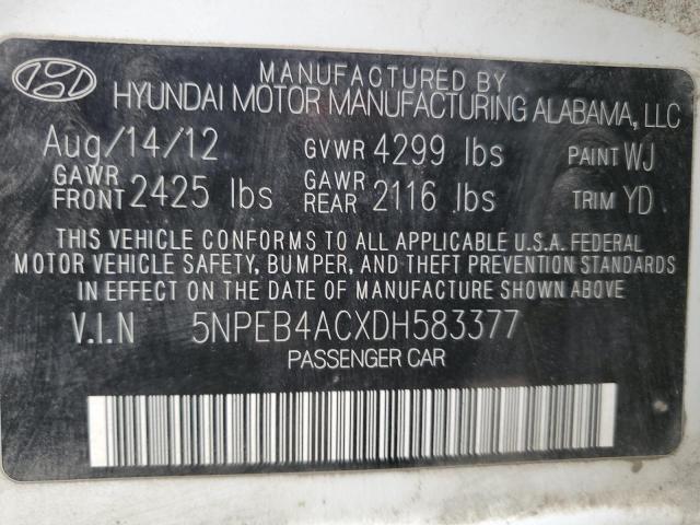 5NPEB4ACXDH583377 - 2013 HYUNDAI SONATA GLS WHITE photo 12