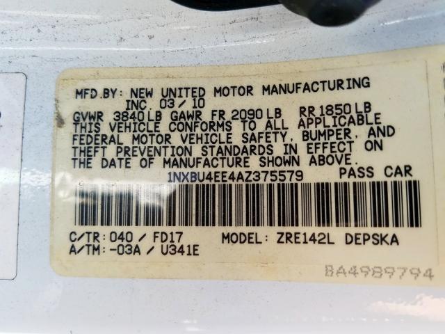 1NXBU4EE4AZ375579 - 2010 TOYOTA COROLLA BASE  照片 10