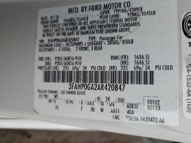 3FAHP0GA2AR420847 - 2010 FORD FUSION S WHITE photo 12