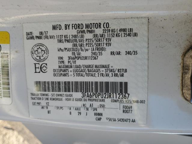 3FA6P0PU2JR112367 - 2018 FORD FUSION SE PHEV WHITE photo 12