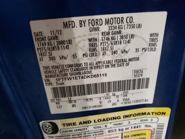 1FTFW1ET4DKD65115 - 2013 FORD F150 SUPERCREW BLUE photo 12