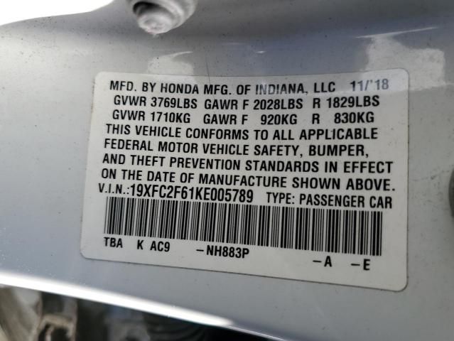 19XFC2F61KE005789 - 2019 HONDA CIVIC LX WHITE photo 12