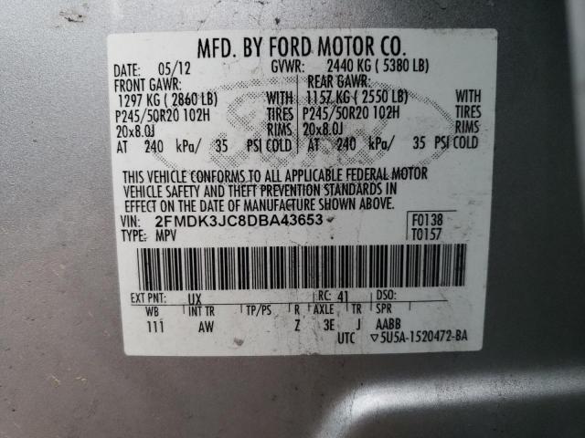 2FMDK3JC8DBA43653 - 2013 FORD EDGE SEL SILVER photo 12