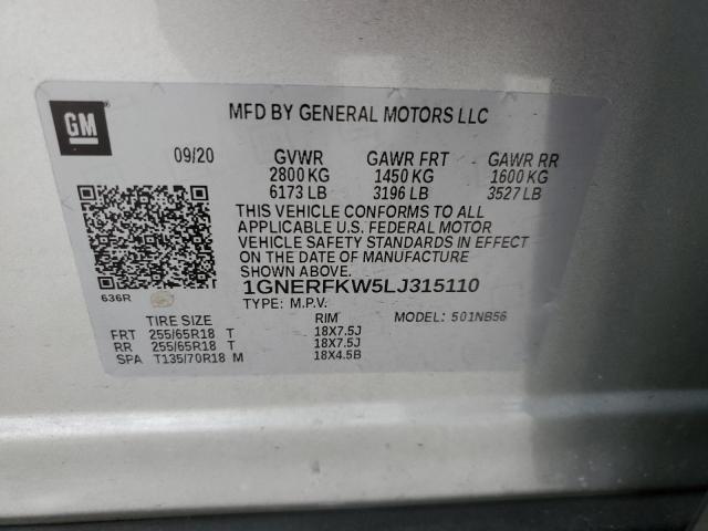 1GNERFKW5LJ315110 - 2020 CHEVROLET TRAVERSE LS SILVER photo 13