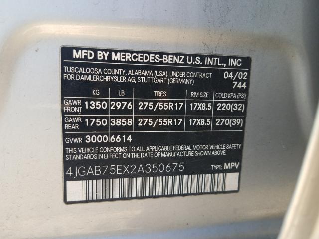 4JGAB75EX2A350675 - 2002 MERCEDES-BENZ ML 500  photo 10