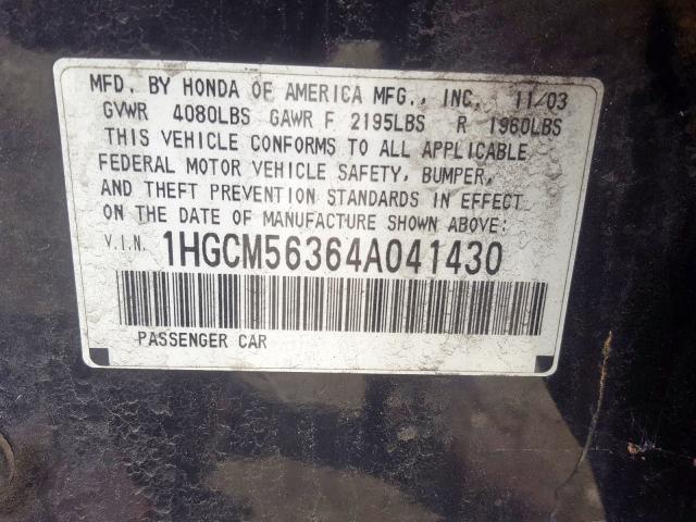 1HGCM56364A041430 - 2004 HONDA ACCORD LX  photo 10