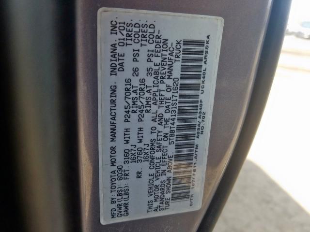 5TBBT44131S171620 - 2001 TOYOTA TUNDRA ACCESS CAB  լուսանկար 10