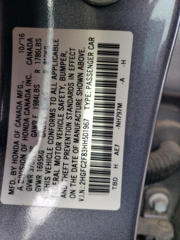 2HGFC2F83HH501967 - 2017 HONDA CIVIC EX GRAY photo 12