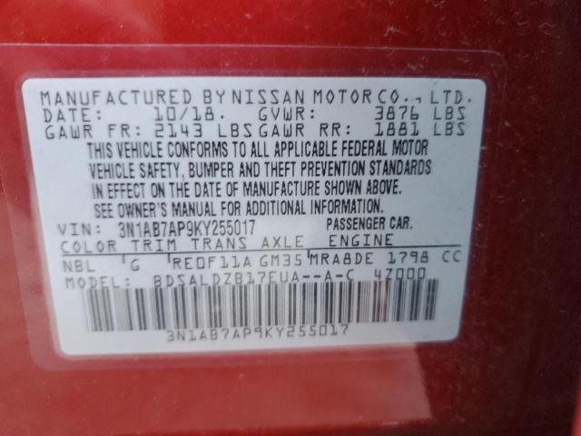 3N1AB7AP9KY255017 - 2019 NISSAN SENTRA S RED photo 12