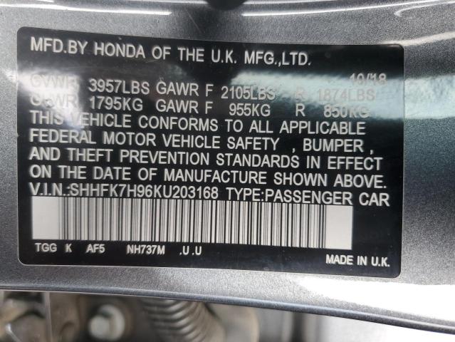 SHHFK7H96KU203168 - 2019 HONDA CIVIC SPORT TOURING GRAY photo 12