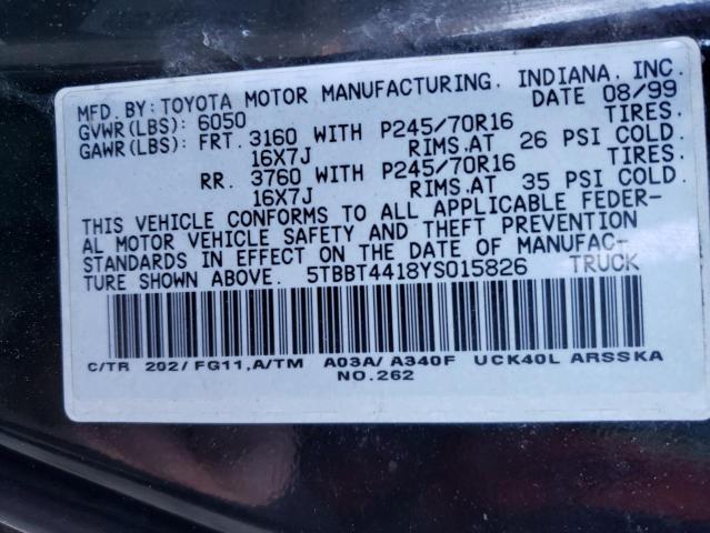 5TBBT4418YS015826 - 2000 TOYOTA TUNDRA ACCESS CAB შავი ფოტო 12