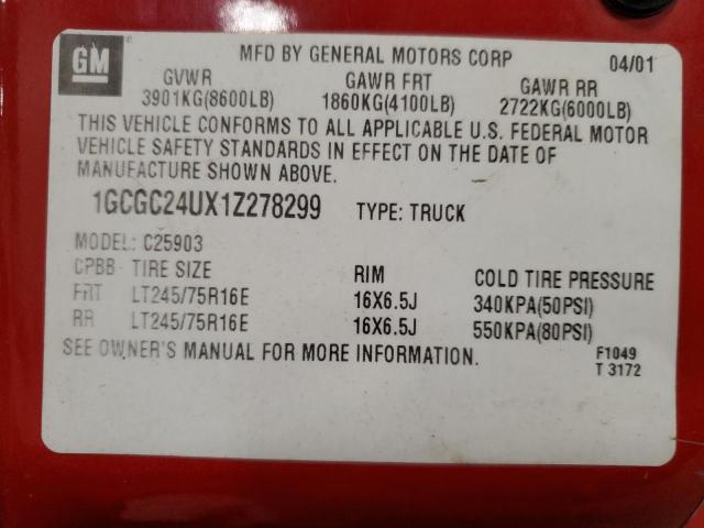 1GCGC24UX1Z278299 - 2001 CHEVROLET SILVERADO C2500 RED photo 12