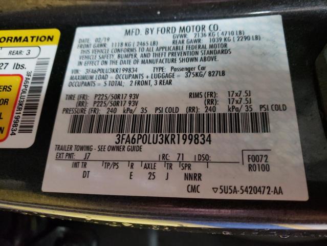 3FA6P0LU3KR199834 - 2019 FORD FUSION SE GRAY photo 12