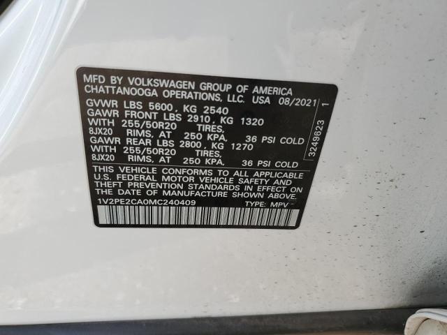 1V2PE2CA0MC240409 - 2021 VOLKSWAGEN ATLAS CROS SE WHITE photo 13