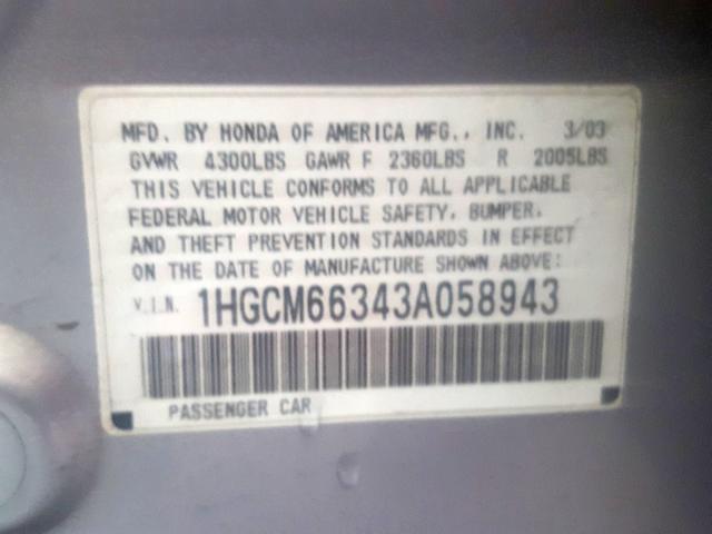 1HGCM66343A058943 - 2003 HONDA ACCORD LX  photo 10