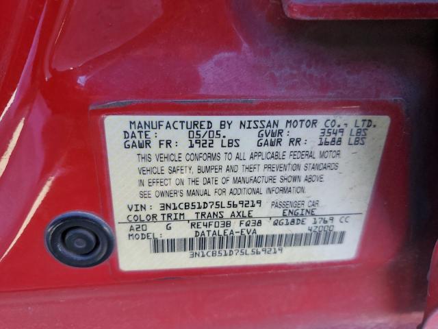 3N1CB51D75L569219 - 2005 NISSAN SENTRA 1.8 RED photo 12