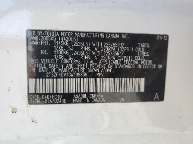 2T3ZF4DV1CW109859 - 2012 TOYOTA RAV4 WHITE photo 12