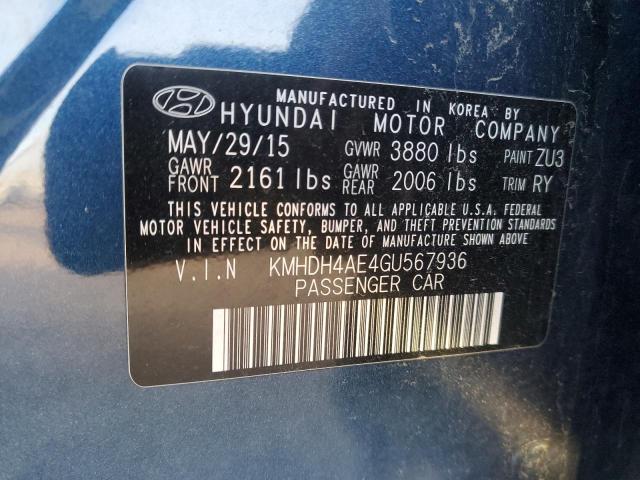 KMHDH4AE4GU567936 - 2016 HYUNDAI ELANTRA SE BLUE photo 12