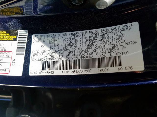 3TMJU62N67M045309 - 2007 TOYOTA TACOMA DOUBLE CAB PRERUNNER  photo 10